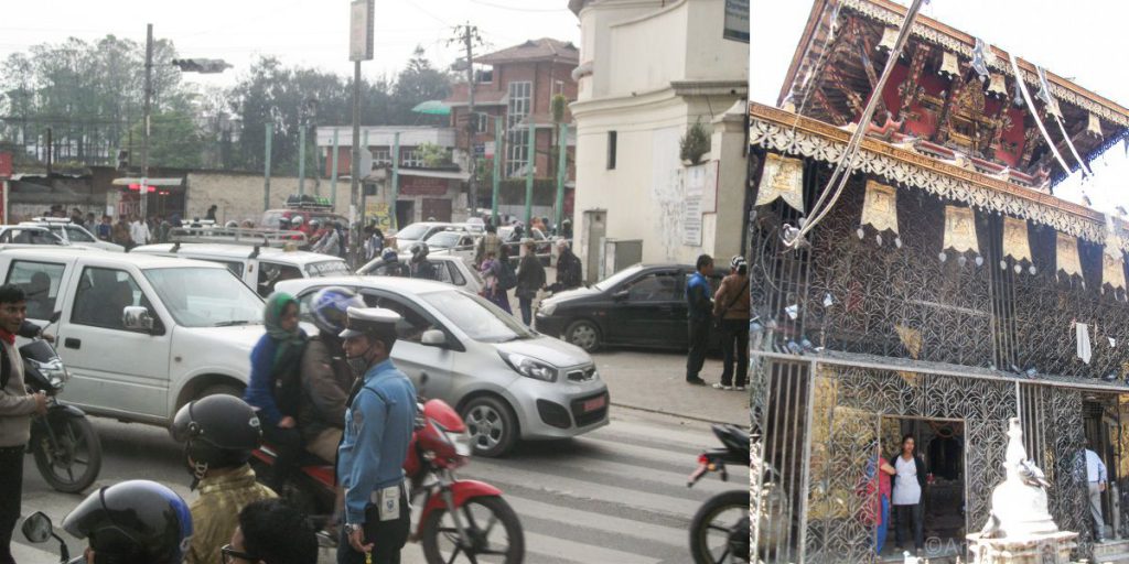 Verkeersdrukte en Durbar Square Kathmanda