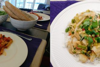 Pasta met salade en groene curry met witlof