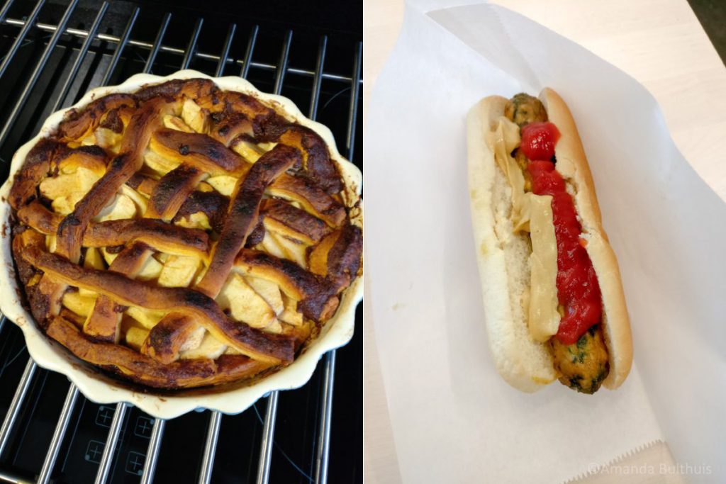 Appeltaart en veggie hotdog