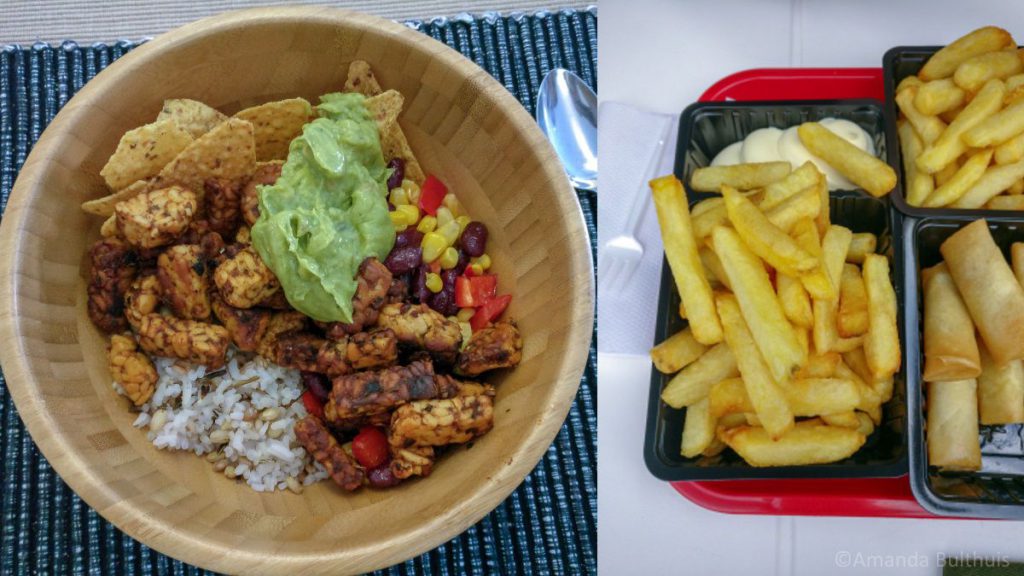 Mexicaanse rijstbowl en frietjes met vegetarische loempia's