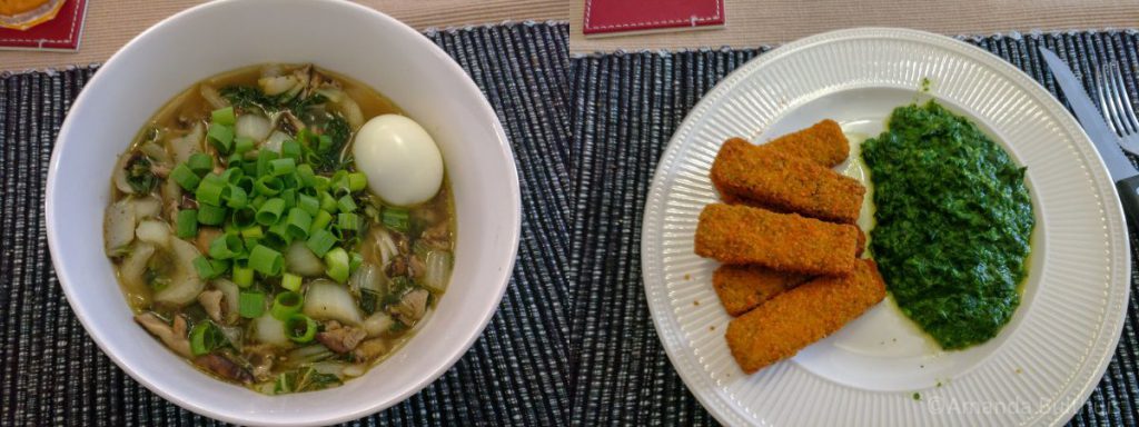 Ramen en vegetarisch vissticks met spinazie