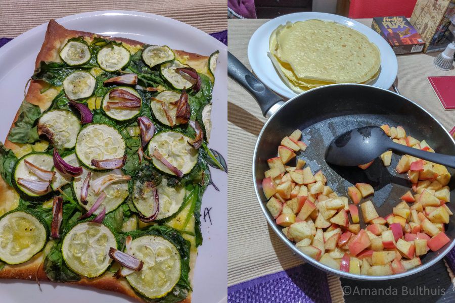 Vegan pizza bianca en pannenkoeken met appel