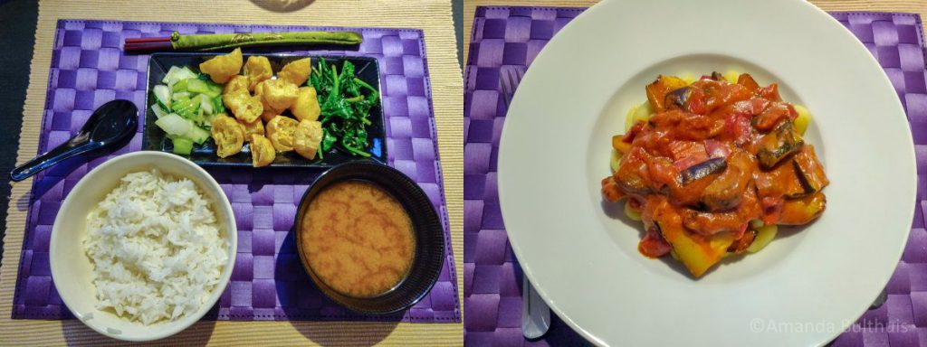 Japans ontbijt en gnocchi met gegrilde groente