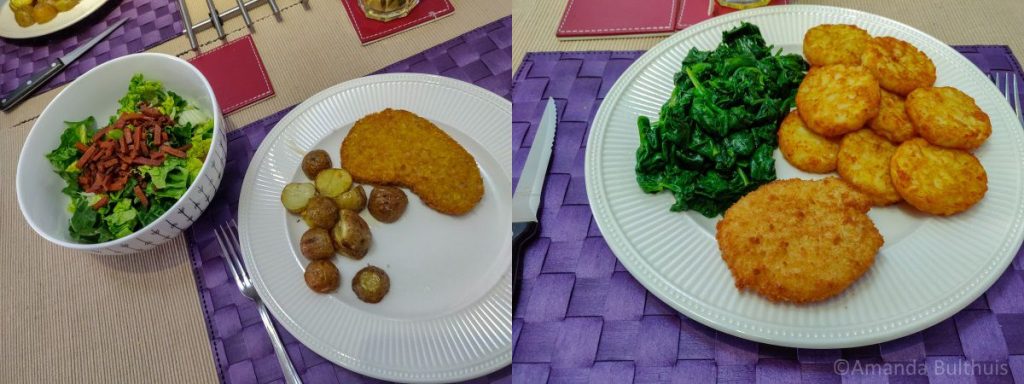 Salade met krieltjes en spinazie met vegan kaasschnitzel