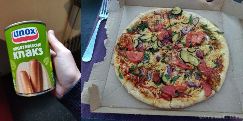 Vegetarische Knaks en vegan pizza