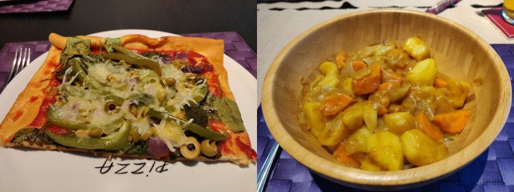 Groente pizza en Japanse curry met noedels