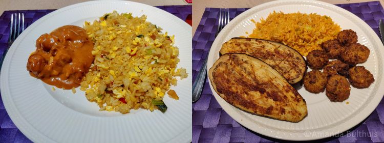 Nasi en aubergine met falafel en rijst