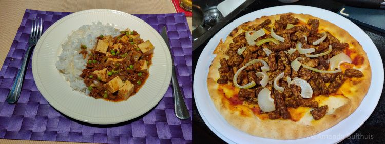 Mapo tofu en vegan shoarma pizza