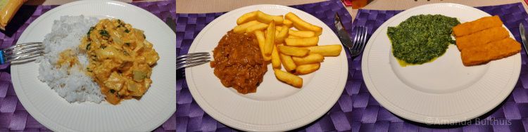 Curry, vegan stoofvlees en vissticks