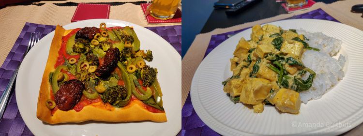 Vegan pizza met groente en vegan saag paneer met tofu.