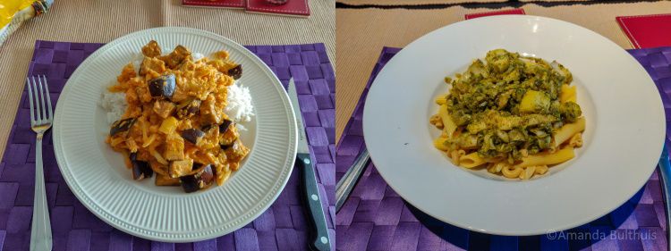 Curry met bloemkool en aubergine en pasta met venkel en courgette