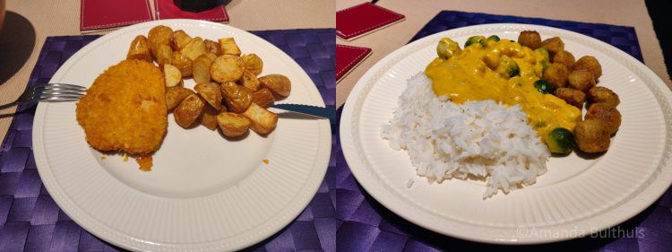 Vegan kipschnitzel  en spruitjes met mango-kerriesaus